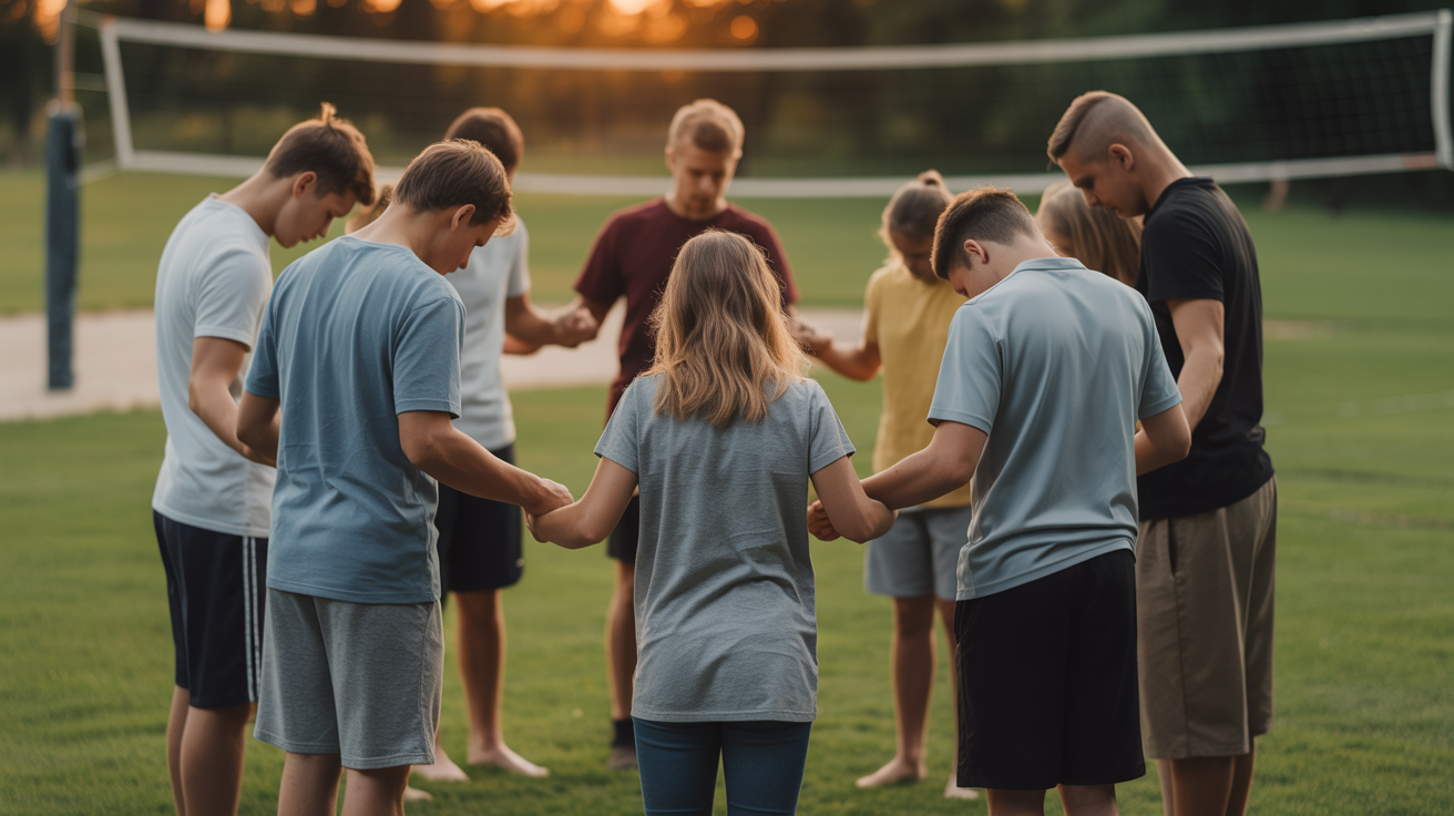 Volleyball players gathered in a prayer circle on the grass field at golden hour